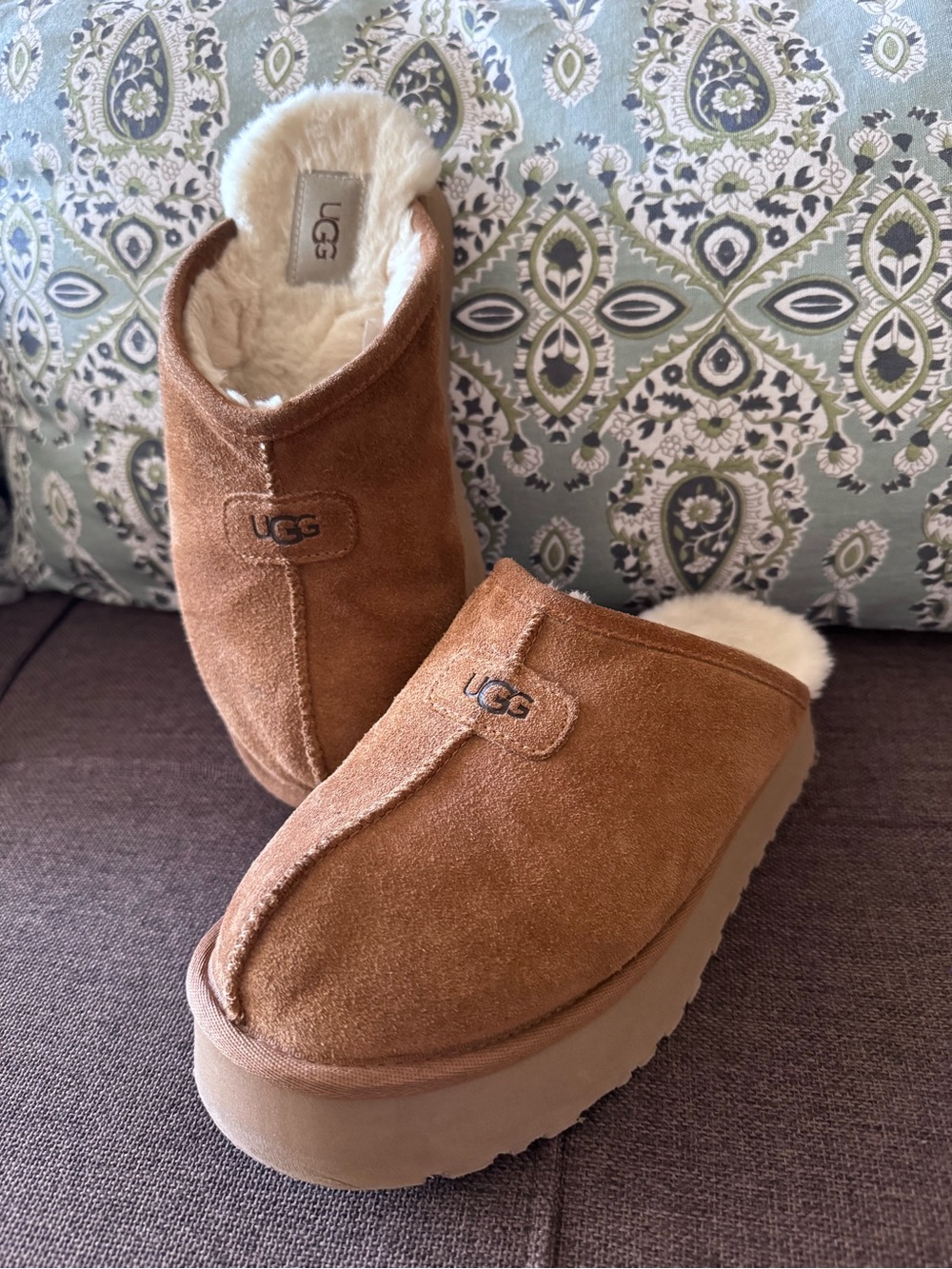 UGG Women's Chestnut Suede Shearling Platform Slippers